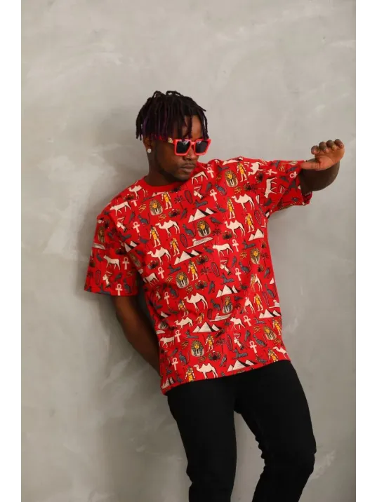 Unisex Oversize Baskılı Bisiklet Yaka T-Shirt - Kırmızı Unisex Oversize Baskılı Bisiklet Yaka T-Shirt - Kırmızı