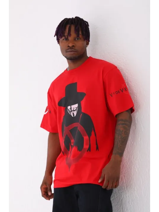 Unisex Oversize Baskılı Bisiklet Yaka T-Shirt - Kırmızı Unisex Oversize Baskılı Bisiklet Yaka T-Shirt - Kırmızı