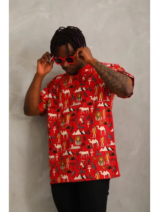 Unisex Oversize Baskılı Bisiklet Yaka T-Shirt - Kırmızı Unisex Oversize Baskılı Bisiklet Yaka T-Shirt - Kırmızı