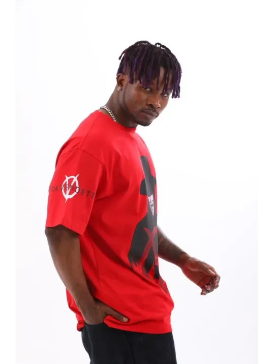 Unisex Oversize Baskılı Bisiklet Yaka T-Shirt - Kırmızı Unisex Oversize Baskılı Bisiklet Yaka T-Shirt - Kırmızı