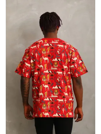 Unisex Oversize Baskılı Bisiklet Yaka T-Shirt - Kırmızı