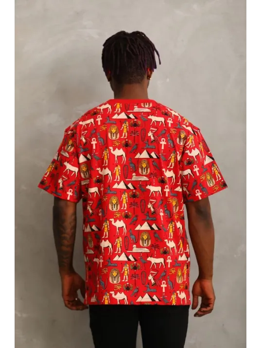 Unisex Oversize Baskılı Bisiklet Yaka T-Shirt - Kırmızı Unisex Oversize Baskılı Bisiklet Yaka T-Shirt - Kırmızı