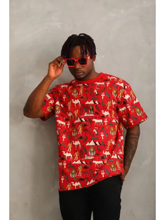 Unisex Oversize Baskılı Bisiklet Yaka T-Shirt - Kırmızı Unisex Oversize Baskılı Bisiklet Yaka T-Shirt - Kırmızı