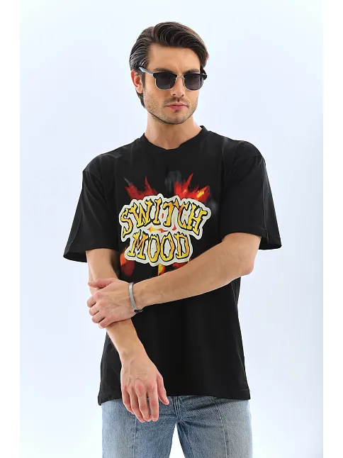 Unisex Oversize Baskılı Bisiklet Yaka T-shirt - Siyah