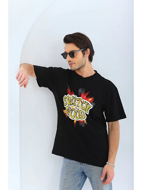 Unisex Oversize Baskılı Bisiklet Yaka T-shirt - Siyah
