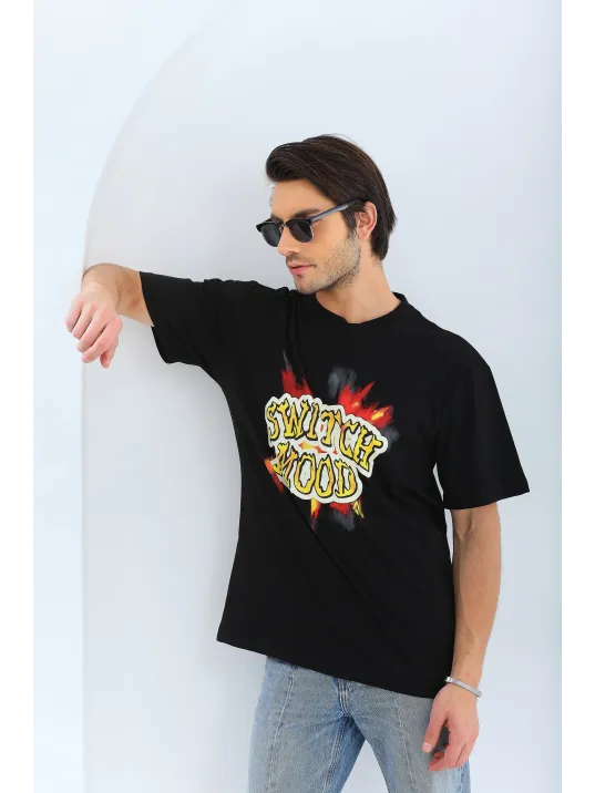 Unisex Oversize Baskılı Bisiklet Yaka T-Shirt - Siyah