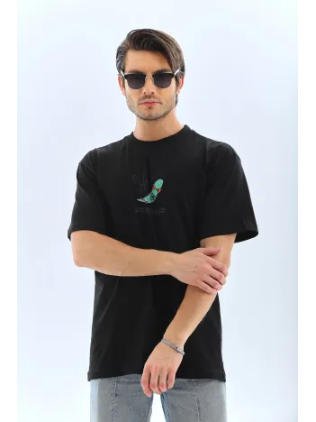 Erkek Kısa Kol Baskılı Bisiklet Yaka T-shirt - Siyah