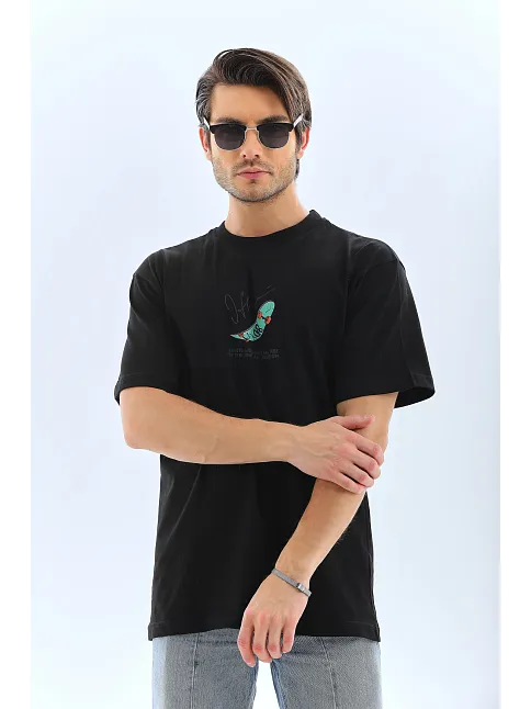 Erkek Kısa Kol Baskılı Bisiklet Yaka T-shirt - Siyah