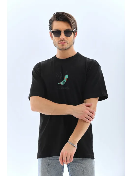 Erkek Kısa Kol Baskılı Bisiklet Yaka T-shirt - Siyah