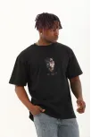 Unisex Oversize Baskılı Bisiklet Yaka T-shirt - Siyah