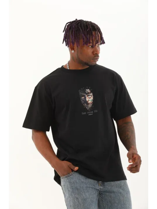 Unisex Oversize Baskılı Bisiklet Yaka T-Shirt - Siyah Unisex Oversize Baskılı Bisiklet Yaka T-Shirt - Siyah