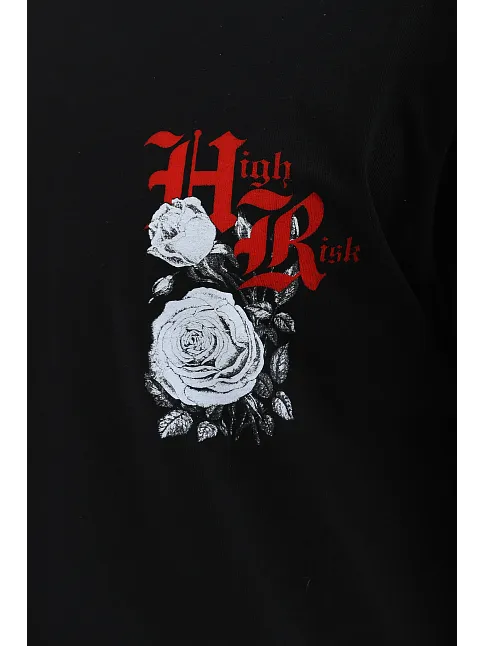 Unisex Oversize Baskılı Bisiklet Yaka T-shirt - Siyah
