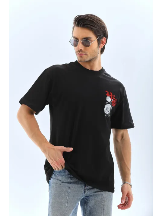 Unisex Oversize Baskılı Bisiklet Yaka T-Shirt - Siyah Unisex Oversize Baskılı Bisiklet Yaka T-Shirt - Siyah