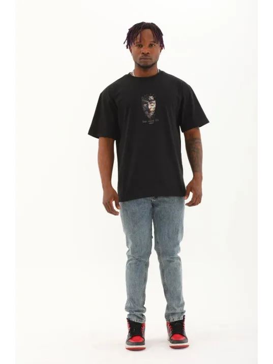 Unisex Oversize Baskılı Bisiklet Yaka T-Shirt - Siyah Unisex Oversize Baskılı Bisiklet Yaka T-Shirt - Siyah