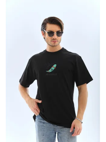 Erkek Kısa Kol Baskılı Bisiklet Yaka T-shirt - Siyah