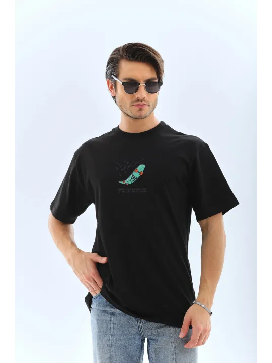 Erkek Kısa Kol Baskılı Bisiklet Yaka T-shirt - Siyah