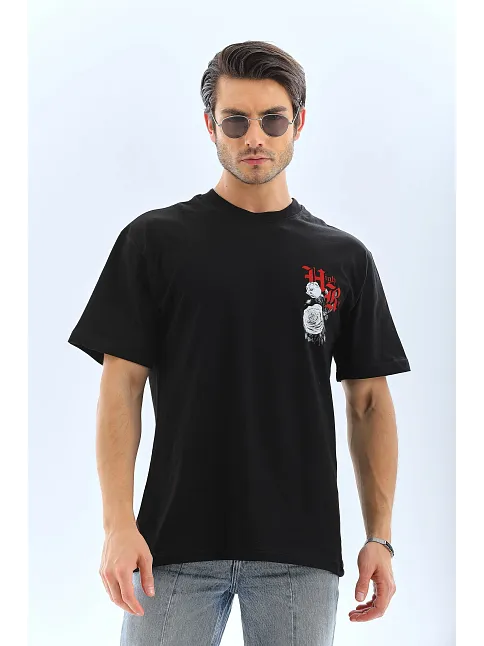 Unisex Oversize Baskılı Bisiklet Yaka T-shirt - Siyah