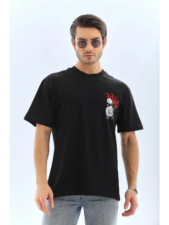 Unisex Oversize Baskılı Bisiklet Yaka T-Shirt - Siyah Unisex Oversize Baskılı Bisiklet Yaka T-Shirt - Siyah