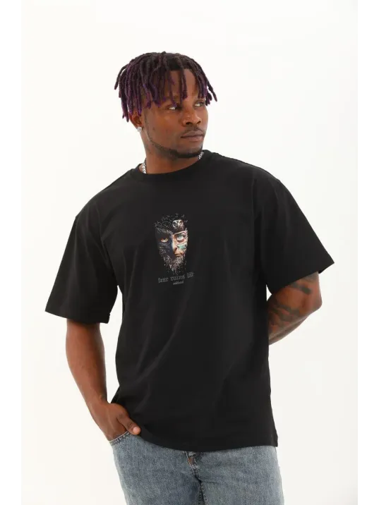 Unisex Oversize Baskılı Bisiklet Yaka T-Shirt - Siyah Unisex Oversize Baskılı Bisiklet Yaka T-Shirt - Siyah