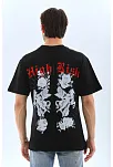 Unisex Oversize Baskılı Bisiklet Yaka T-shirt - Siyah
