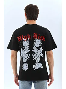 Unisex Oversize Baskılı Bisiklet Yaka T-shirt - Siyah
