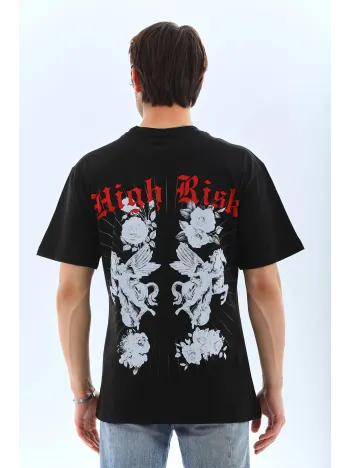 Unisex Oversize Baskılı Bisiklet Yaka T-Shirt - Siyah