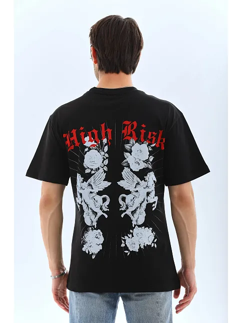 Unisex Oversize Baskılı Bisiklet Yaka T-shirt - Siyah