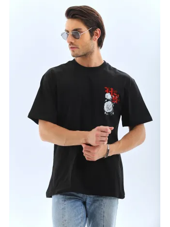 Unisex Oversize Baskılı Bisiklet Yaka T-Shirt - Siyah Unisex Oversize Baskılı Bisiklet Yaka T-Shirt - Siyah