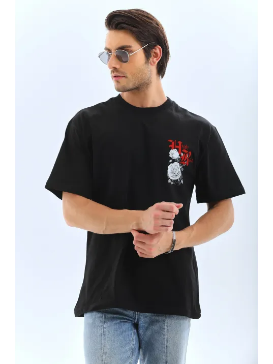 Unisex Oversize Baskılı Bisiklet Yaka T-Shirt - Siyah Unisex Oversize Baskılı Bisiklet Yaka T-Shirt - Siyah