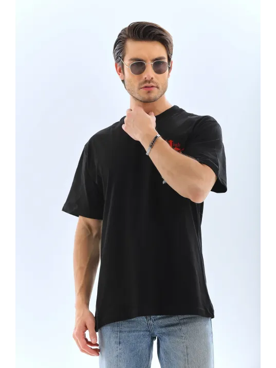 Unisex Oversize Baskılı Bisiklet Yaka T-Shirt - Siyah Unisex Oversize Baskılı Bisiklet Yaka T-Shirt - Siyah