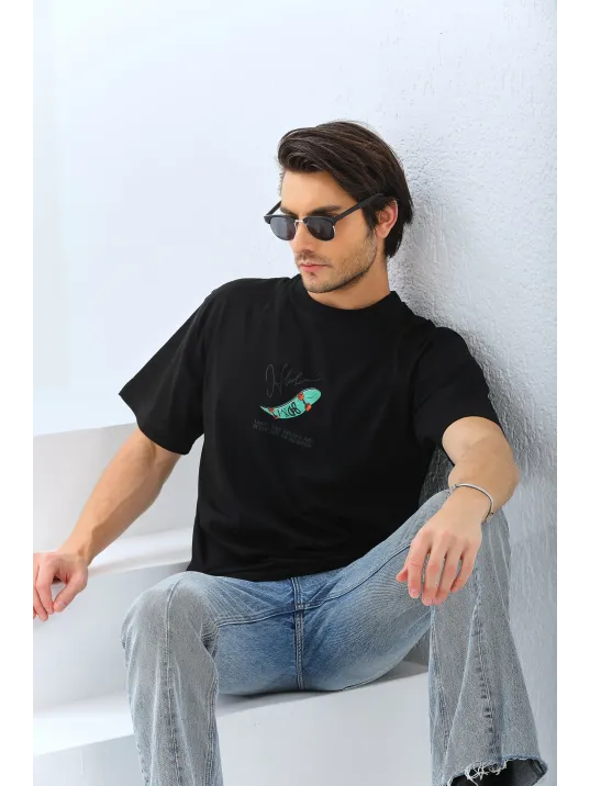 Erkek Kısa Kol Baskılı Bisiklet Yaka T-shirt - Siyah