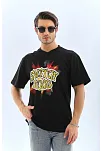 Unisex Oversize Baskılı Bisiklet Yaka T-shirt - Siyah