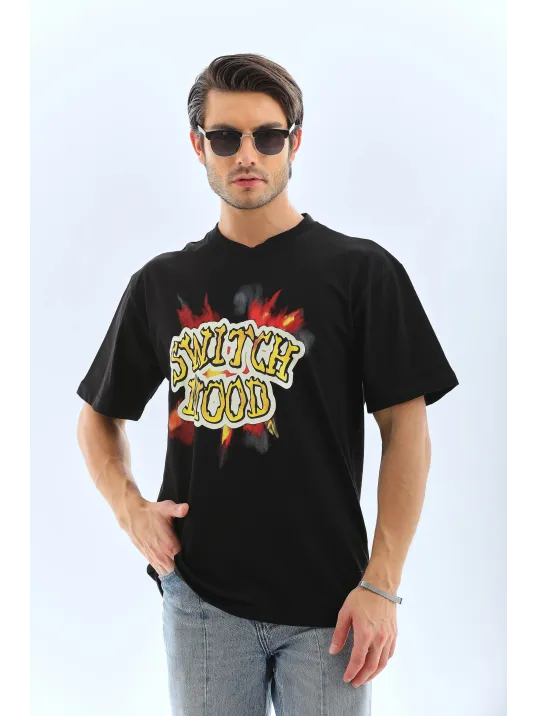 Unisex Oversize Baskılı Bisiklet Yaka T-Shirt - Siyah