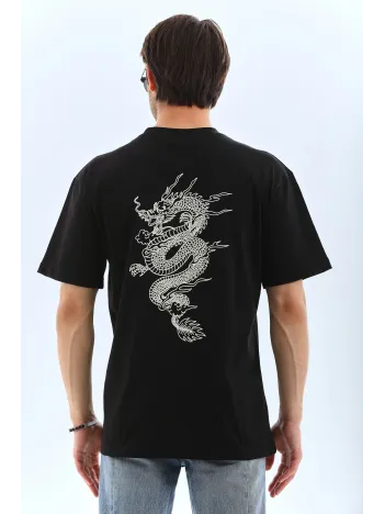 Unisex Oversize Baskılı Bisiklet Yaka T-Shirt - Siyah