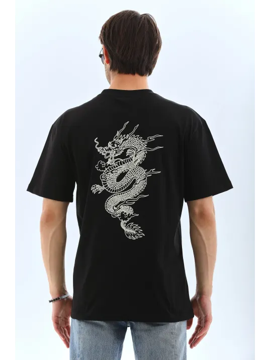 Unisex Oversize Baskılı Bisiklet Yaka T-Shirt - Siyah