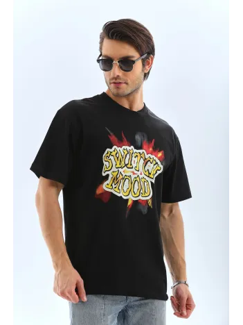 Unisex Oversize Baskılı Bisiklet Yaka T-Shirt - Siyah Unisex Oversize Baskılı Bisiklet Yaka T-Shirt - Siyah