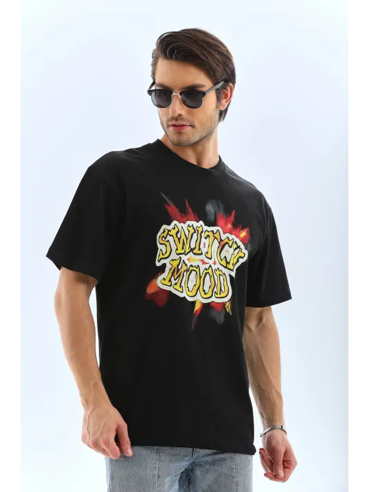 Unisex Oversize Baskılı Bisiklet Yaka T-Shirt - Siyah Unisex Oversize Baskılı Bisiklet Yaka T-Shirt - Siyah