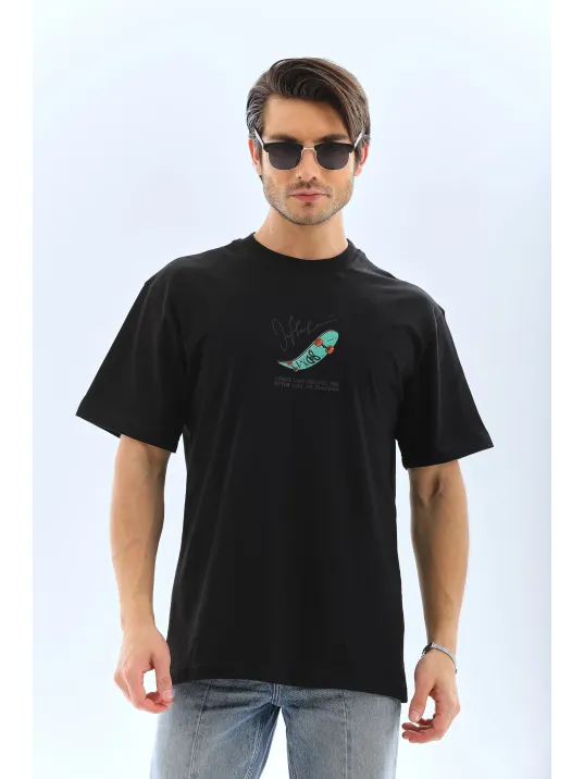 Erkek Kısa Kol Baskılı Bisiklet Yaka T-shirt - Siyah