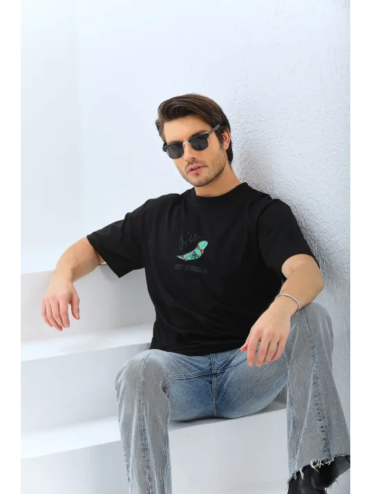 Erkek Kısa Kol Baskılı Bisiklet Yaka T-shirt - Siyah