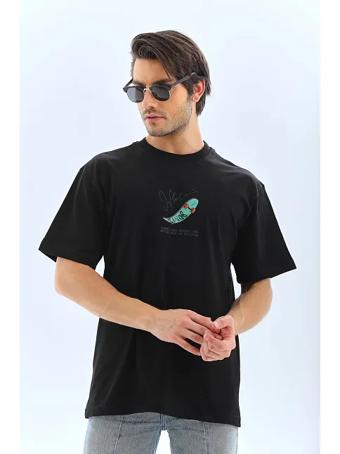 Erkek Kısa Kol Baskılı Bisiklet Yaka T-shirt - Siyah
