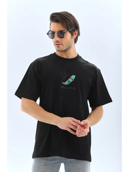 Erkek Kısa Kol Baskılı Bisiklet Yaka T-shirt - Siyah