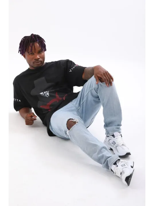 Unisex Oversize Baskılı Bisiklet Yaka T-Shirt - Siyah