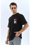 Unisex Oversize Baskılı Bisiklet Yaka T-shirt - Siyah