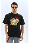 Unisex Oversize Baskılı Bisiklet Yaka T-shirt - Siyah