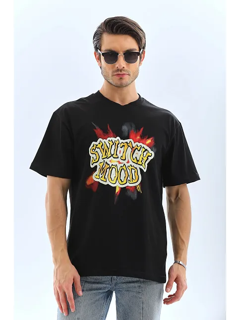 Unisex Oversize Baskılı Bisiklet Yaka T-shirt - Siyah