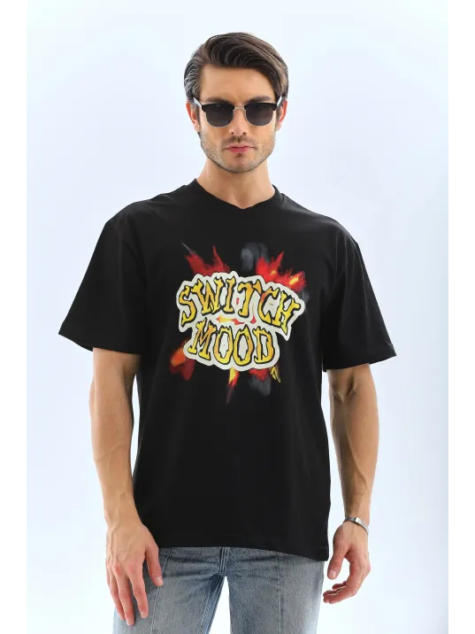 Unisex Oversize Baskılı Bisiklet Yaka T-Shirt - Siyah