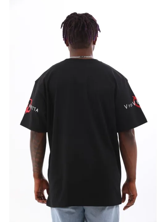 Unisex Oversize Baskılı Bisiklet Yaka T-Shirt - Siyah