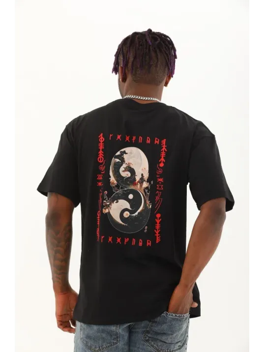 Unisex Oversize Baskılı Bisiklet Yaka T-Shirt - Siyah Unisex Oversize Baskılı Bisiklet Yaka T-Shirt - Siyah