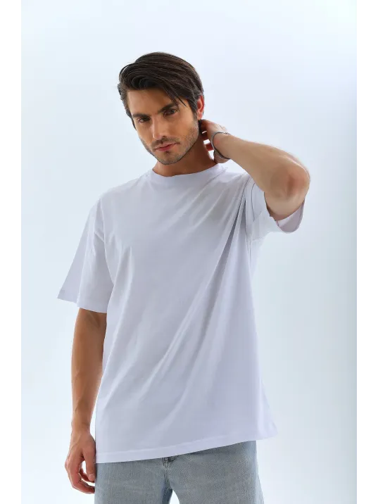 Unisex Oversize Düz Bisiklet Yaka T-shirt - Beyaz