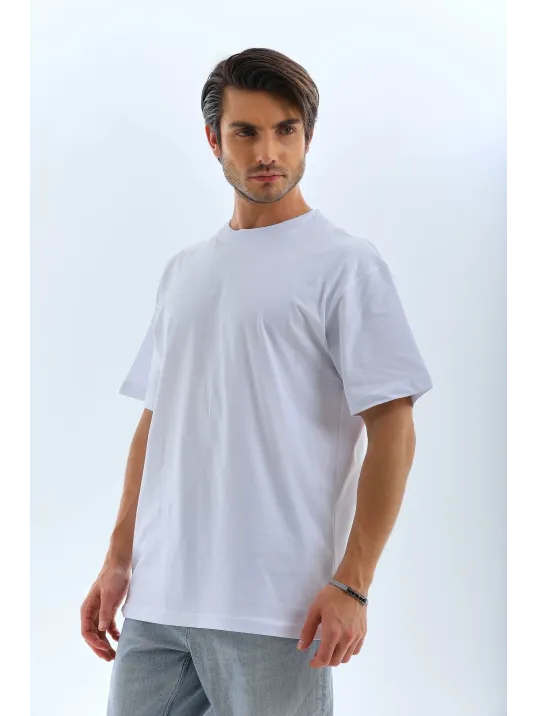 Unisex Oversize Düz Bisiklet Yaka T-shirt - Beyaz